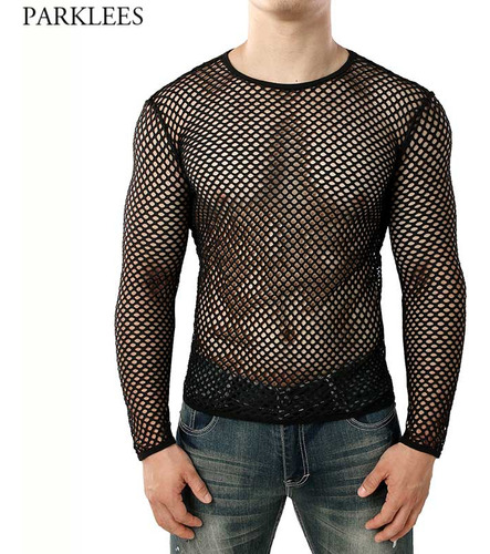 Camiseta De Malla Transparente Para Hombre, Larga Con Malla