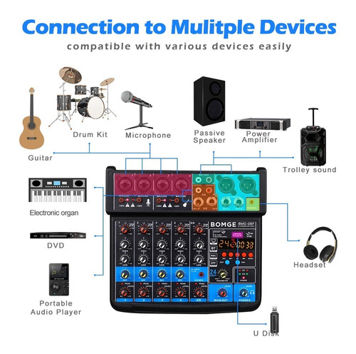 Imagen 7 de 7 de Bomge 06f 6 Channel Dj Mixer Usb /bluetooth/48v /dsp White