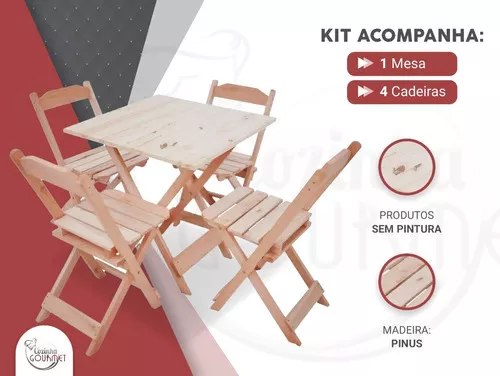 Jogo Mesa Conjunto 4 Cadeiras Madeira 70 Por 70 Dobráveis Sem Pintura