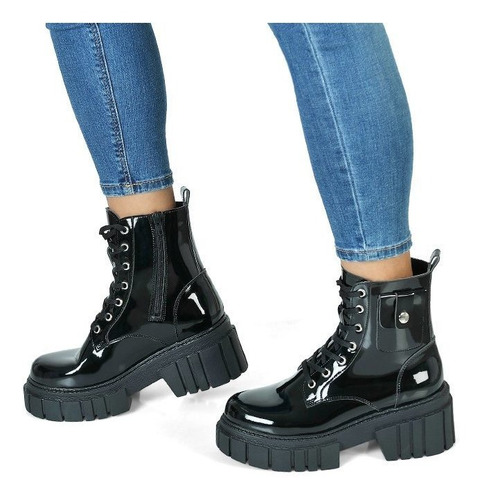 Imagen 3 de 4 de Botín Casual Negro Charol Mujer Plataforma Chunky 1113-3403