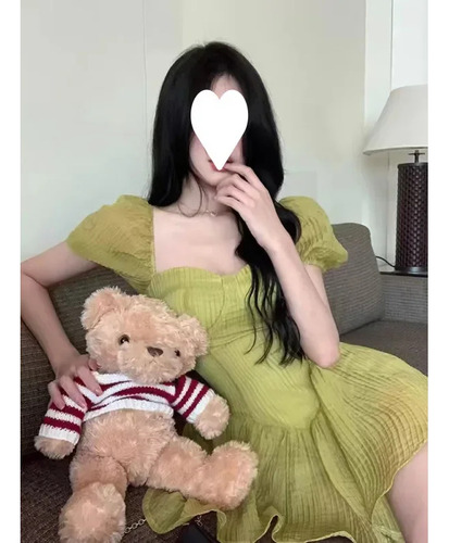 Vestido Verde Con Cuello Cuadrado En Forma De Raya Estilo Fa