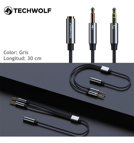 Cable Divisor Audio Para Auriculares 3.5mm En Y, Adaptador De Audio 2 Machos (audio + Micrófono) A 3.5mm Hembra Techwolf Cable Auxiliar De 3,5 Mm Para Pc Y Laptop 30cm De Longitud Color Gris
