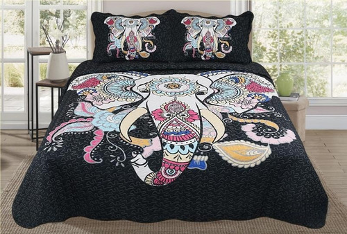 Cubrecama Quilt Estampado Verano King Diseño Elefante Hindu