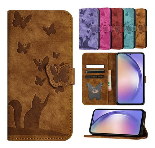 Funda Tipo Libro Flip Butterfly Cat Para Samsung Galaxy A71 A56 A55 A54 A53 A52s A51 A42 A36 A35 A34 A33 A32 4g 5g