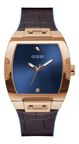 Reloj Hombre Elegante Marca Guess Phoenix Color Café Color Del Bisel Oro Rosa Color Del Fondo Azul