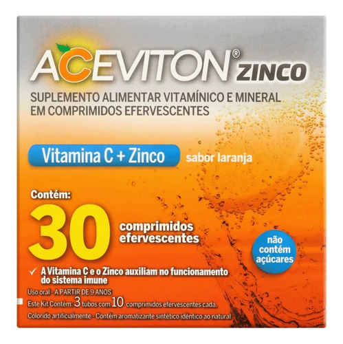 Vitamina C Efervescente + Zinco Aceviton 30 Comprimidos Sabor Laranja