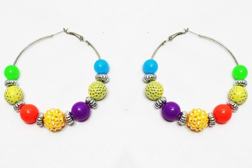 Aretes Plateados Aros Medianos Cuentas Colores Ex385