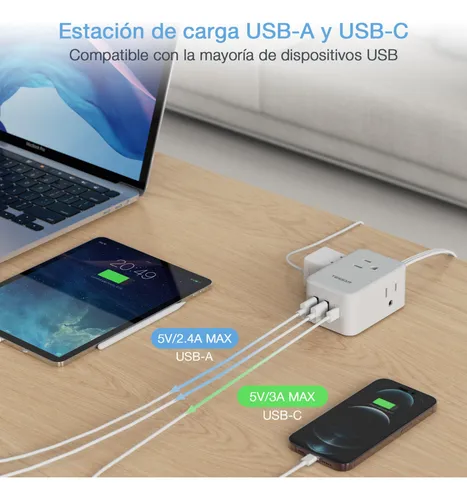 Multiple Enchufe Plano Con 1.5m 3 Salidas Ca Y 2 Puertos Usb
