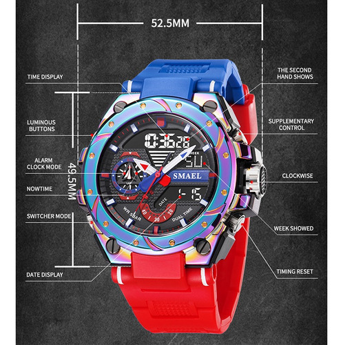 Relógio de quartzo digital masculino Smael, modelo 8060, pulseira preta, cor preta