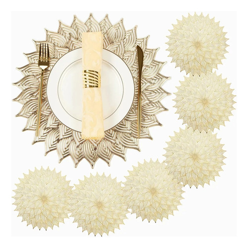Set De 6pz Mantel Individual Redondo Dorado 38cm