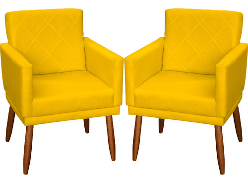 Kit 2 Poltronas Decorativas Para Sala De Estar Reforçadas Cor Amarelo Desenho Do Tecido Suede Liso