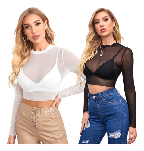 Cropped Blusa Feminina De Tule Transparente Manga Longa