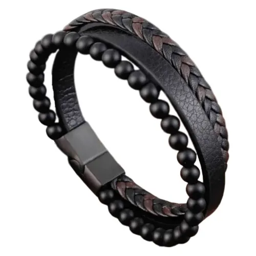 comprar Pulsera Cuero Multicapa, Ónix Opaco, Cierre Magnético