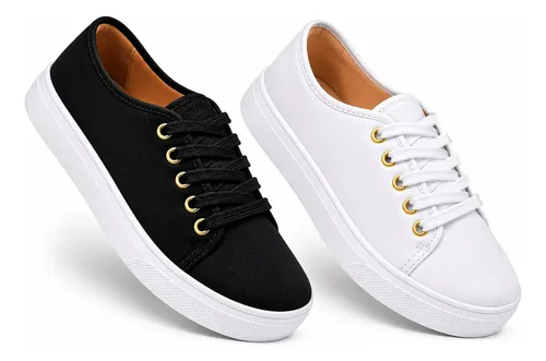 Tênis Feminino Casual Slipon Preto Branco Confortavel Sapato