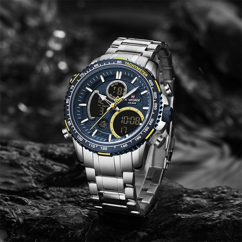 Reloj Naviforce Nf9182 plateado de acero militar de lujo para hombre, color de fondo plateado/azul