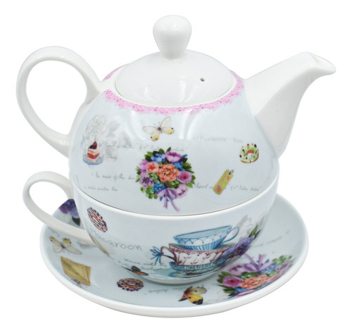 Tetera C/tapa, Taza Jumbo, Y Plato De Porcelana 450 Ml