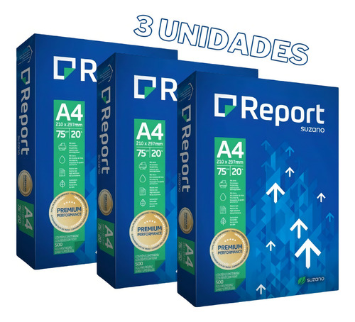 Pacote com 3 Unidades de Resma Report A4 Multifuncional de 500 Folhas de 75g Cor Branco