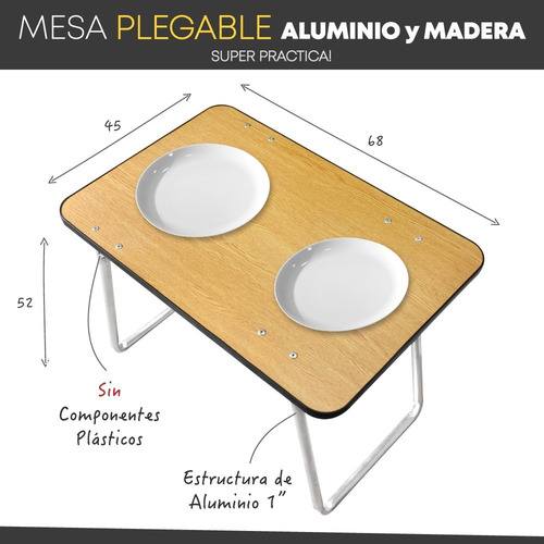 Imagen 4 de 9 de Mesa Plegable Aluminio Madera Melamina 68x45 Camping Balcón