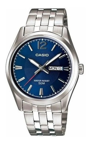 Reloj Casio Hombre Mtp 1335 Fondo Azul Sumergible. Color de la correa Plateado Color del bisel Plateado