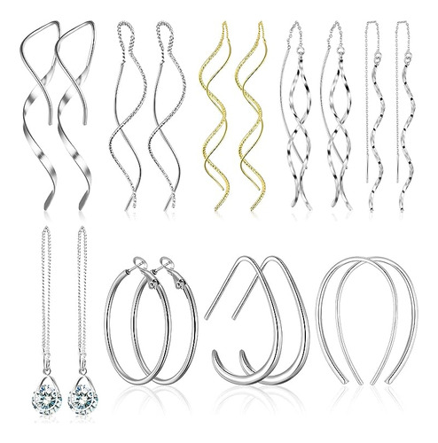 9 Pairs Silver Hoop Earrings Spiral Threader Earrings Set Op