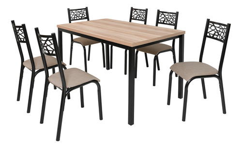 Conjunto Jogo Mesa Jantar Ciplafe Jade Flex 6 Cadeiras Tampo Madeira Carvalho 1,36m Cor Bege