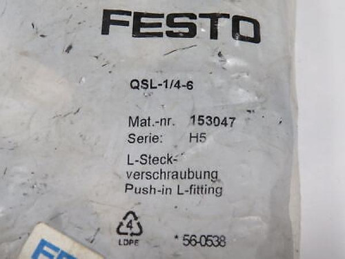 Festo 153047 Qsl-1/4-6 Push-in L-fitting 1/4 R Thread 6 Cco