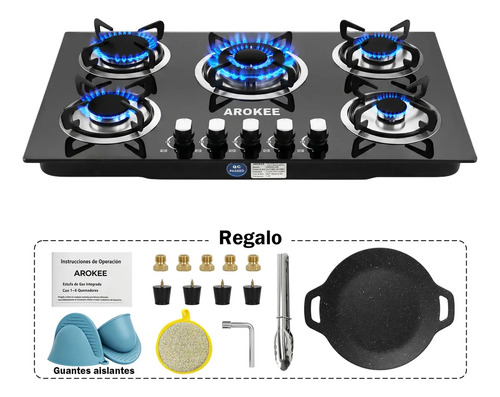 Parrilla Empotrable Gas 5 Quemadores Vidrio Templado Negro AROKEE