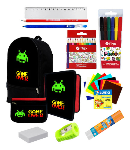 Super Set Mochila + Utiles De Game Over Atari  C474