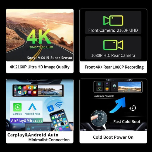 Espejo Retrovisor Dvr Para Automóvil De 12 Con Carplay 4k