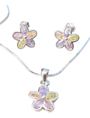 Conjunto Plata 925 Flores Cubic Multicolor Conp512  