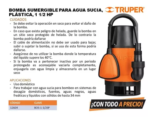Bomba sumergible plástica para agua sucia 1-1/2 HP, Truper