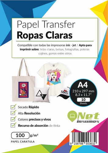 Resma Transfer A4 10 Hojas Ropa Clara