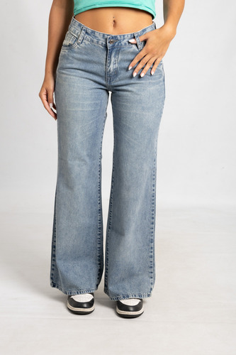 Jeans Wide Leg Tiro Bajo Rigido De Mujer Calce Perfecto