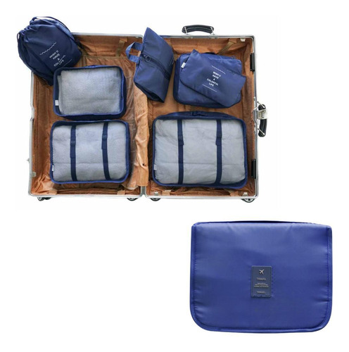 Kit 8 Peças Organizador Mala Viagem Necessaire Cabide Azul