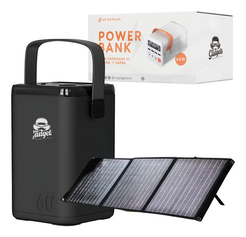Set Power Bank 60,000 Mah Bateria Portatil + Panel Solar 60w Color Negro