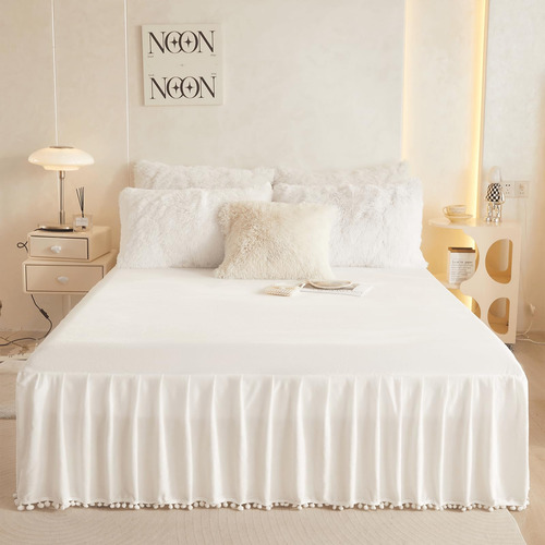 Faldón De Cama De Terciopelo Con Borlas Pom Pom, Falda De