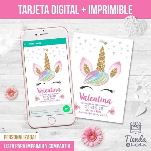 Imagen 2 de 4 de Invitación Digital + Imprimible - Unicornio Dorado