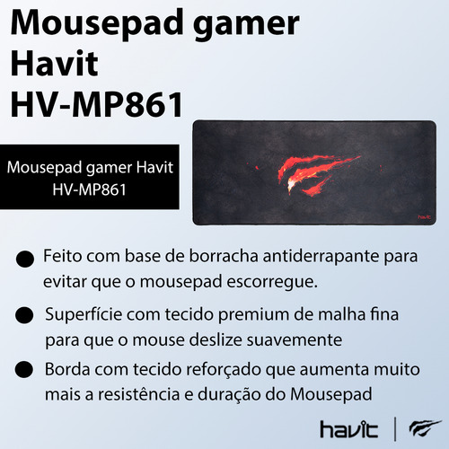 Mouse Pad gamer Havit HV-MP861 Gamenote de borracha e tecido gg 300mm x 700mm x 3mm black/red