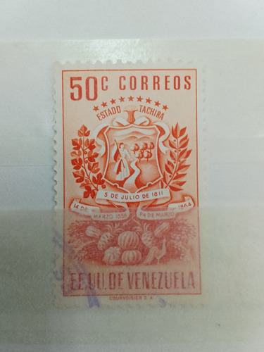 Estampilla  Escudo Venezuela  50 C  Tachira   Usada ;  Bella