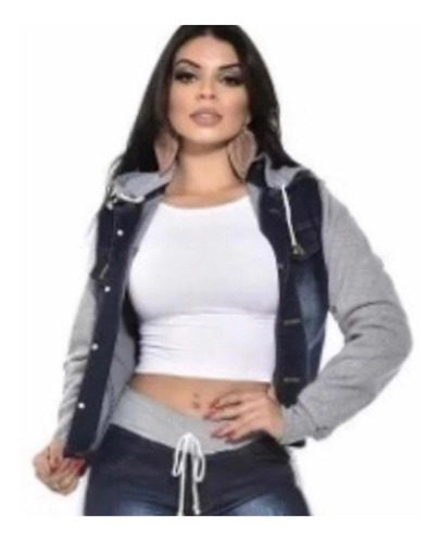 Jaqueta Feminino Jeans  Com Moletom Dos Lado Com Capuz