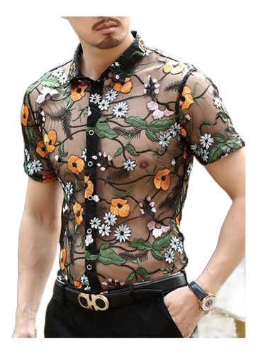 Camisas De Malla Transparente Para Hombre, Bordado Floral Vi