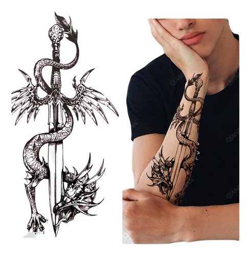Tatuajes Temporal Adhesivo Para Brazo O Pierna Dragon Espada