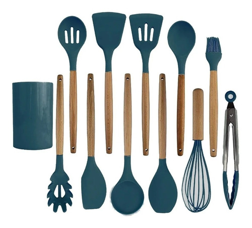 Set X 11 Utensilios Cocina Punta Silicona + Porta Utensilios