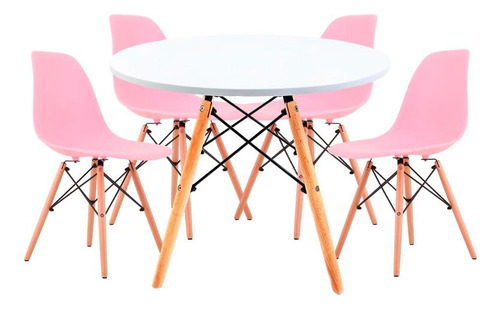 Juego Comedor Eames Mesa Redonda 80cm + 4 Sillas Eames Color Rosa Diseño De La Tela De Las Sillas Liso