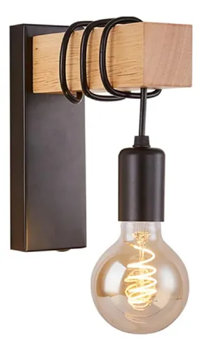 Aplique Con Madera Lampara De Pared Pase E27 Portalampara Negro