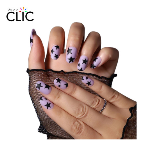 Uñas Postizas Press On - Diseño Mate Estrellas Color Nude Única