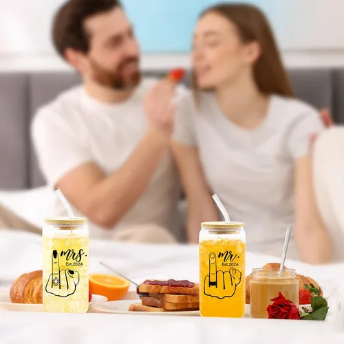 Est. 2024 Mr & Mrs Glass Cup Con Tapas Y Pajitas - Regalos D