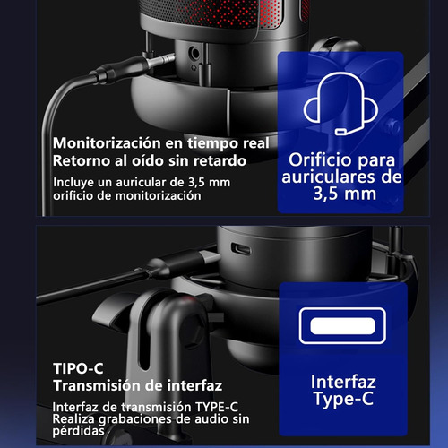 Micrófonos Podcast Rgb Condensador Cardioide Para Pc Y Usb-c