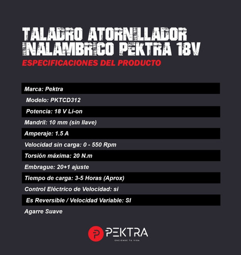Imagen 5 de 7 de Taladro Atornillador Inalambrico Pektra 18v Con Bateria