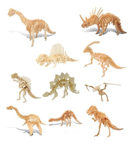 10 Dinosaurios 3d Madera Para Armar + Ecobolsa